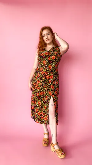 1990s Black Tropical Floral Maxi Dress, sz. L