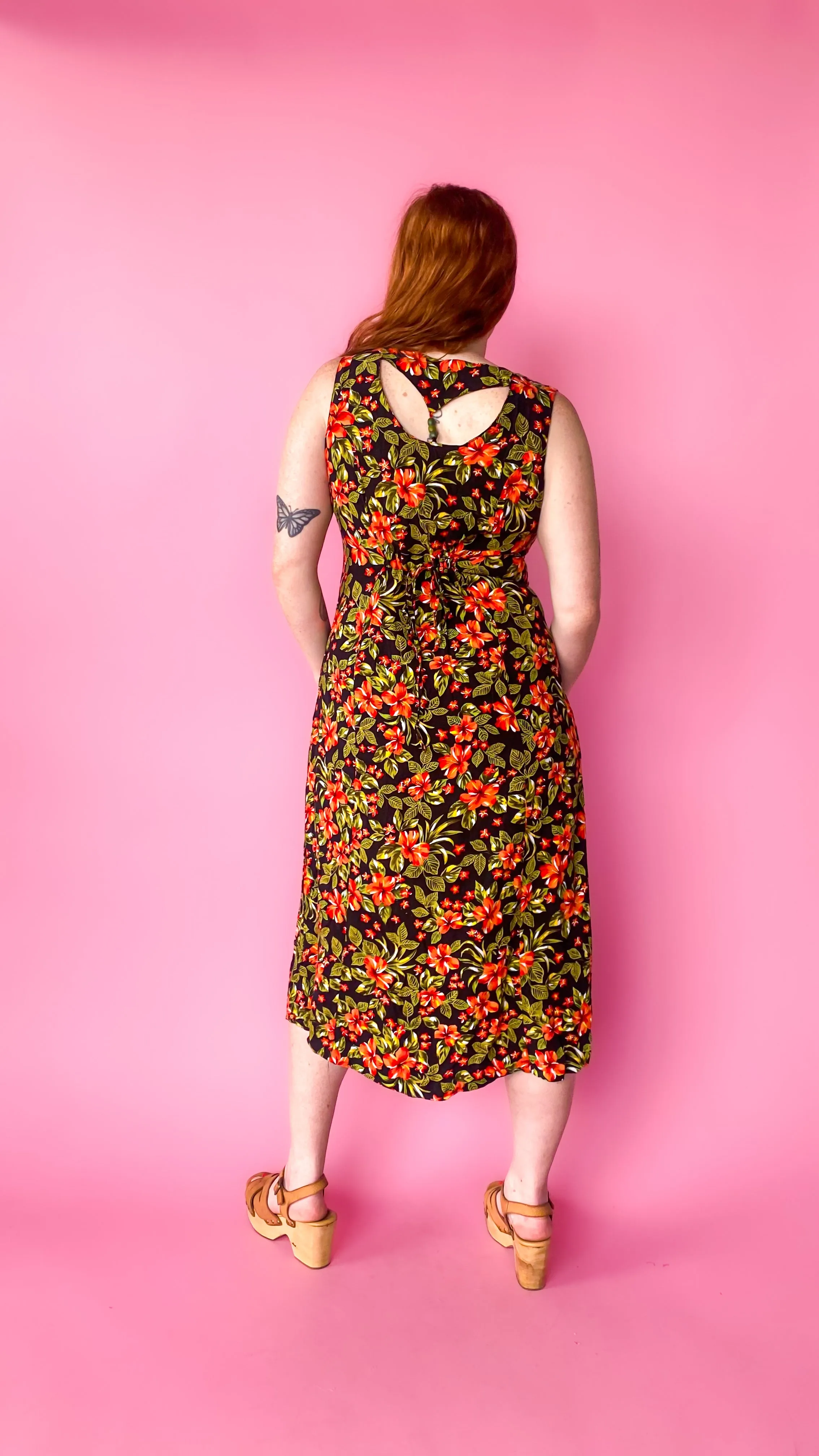 1990s Black Tropical Floral Maxi Dress, sz. L