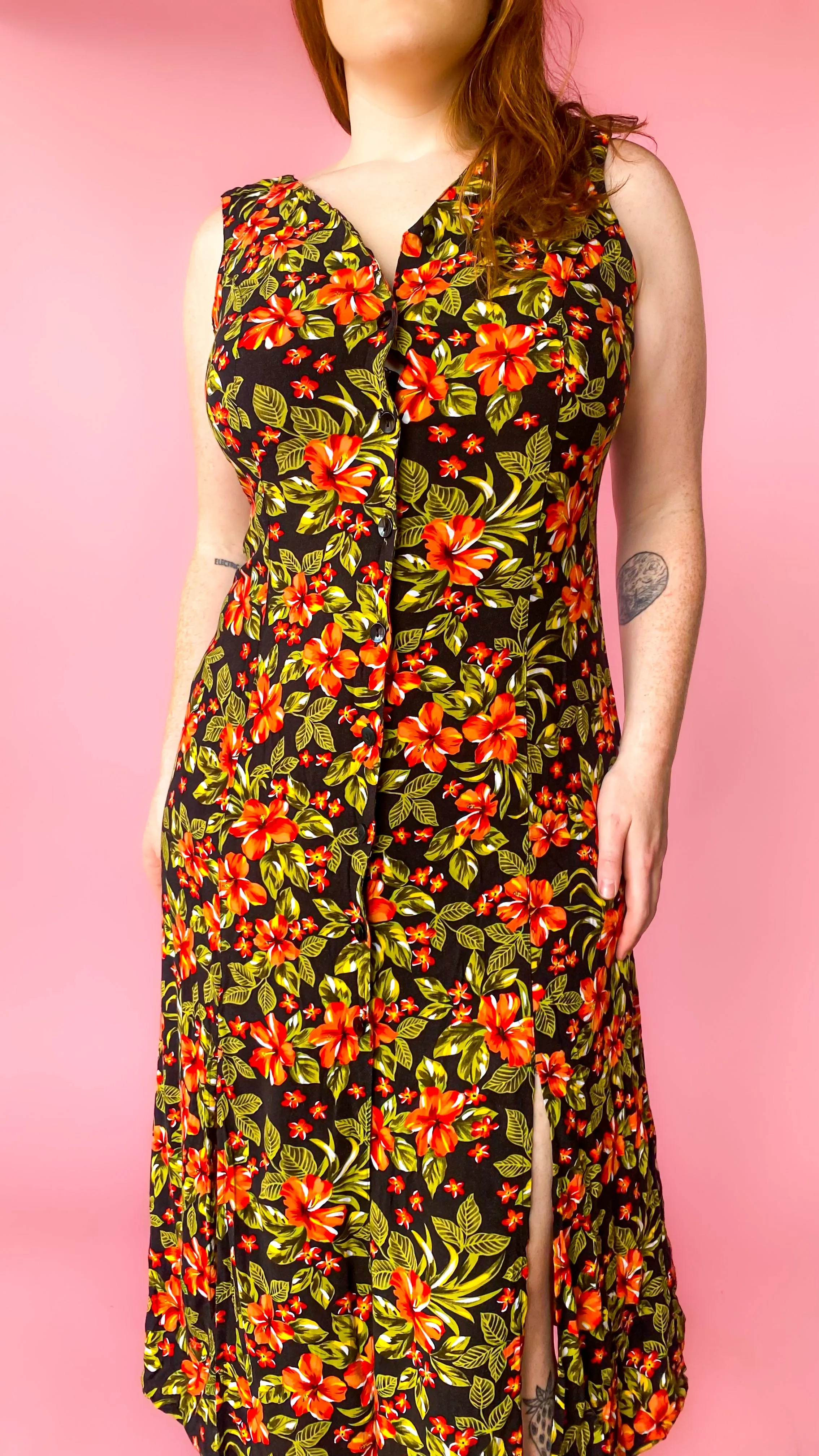 1990s Black Tropical Floral Maxi Dress, sz. L