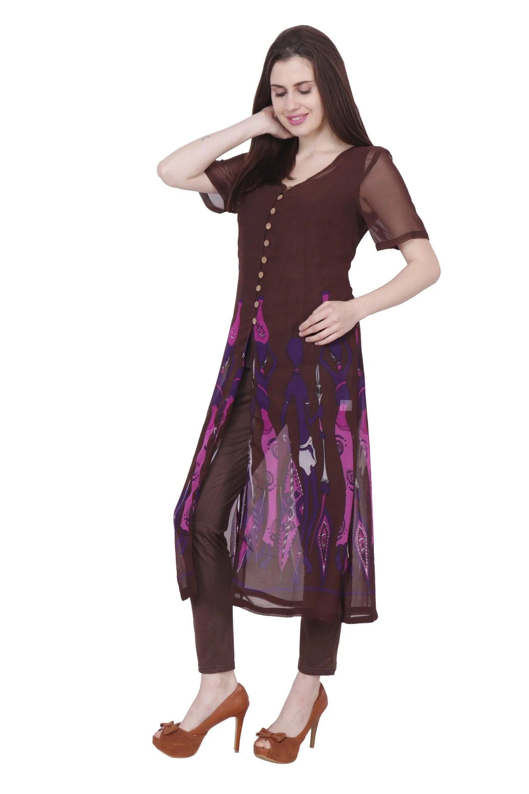 Brown Tribal Border Printed Kurti with Leggings Set