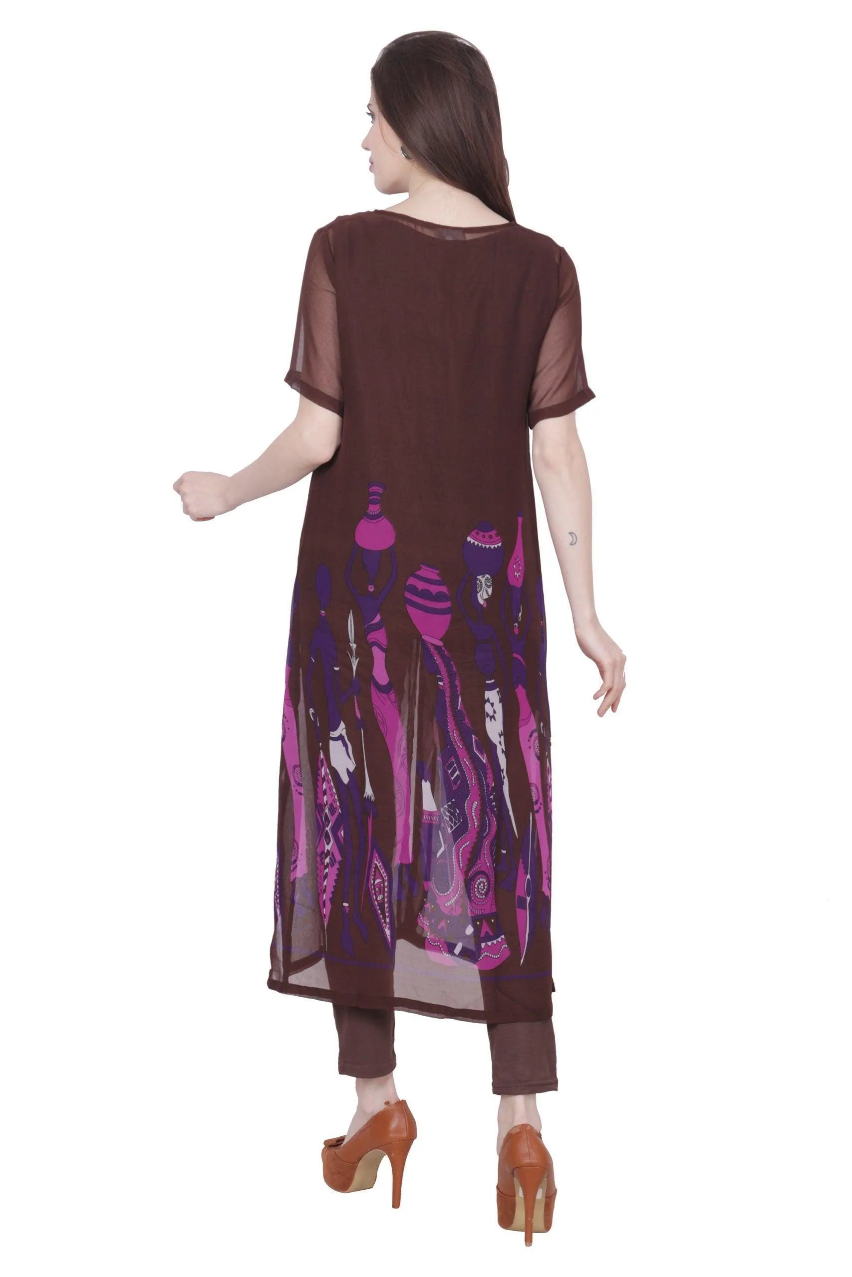 Brown Tribal Border Printed Kurti with Leggings Set