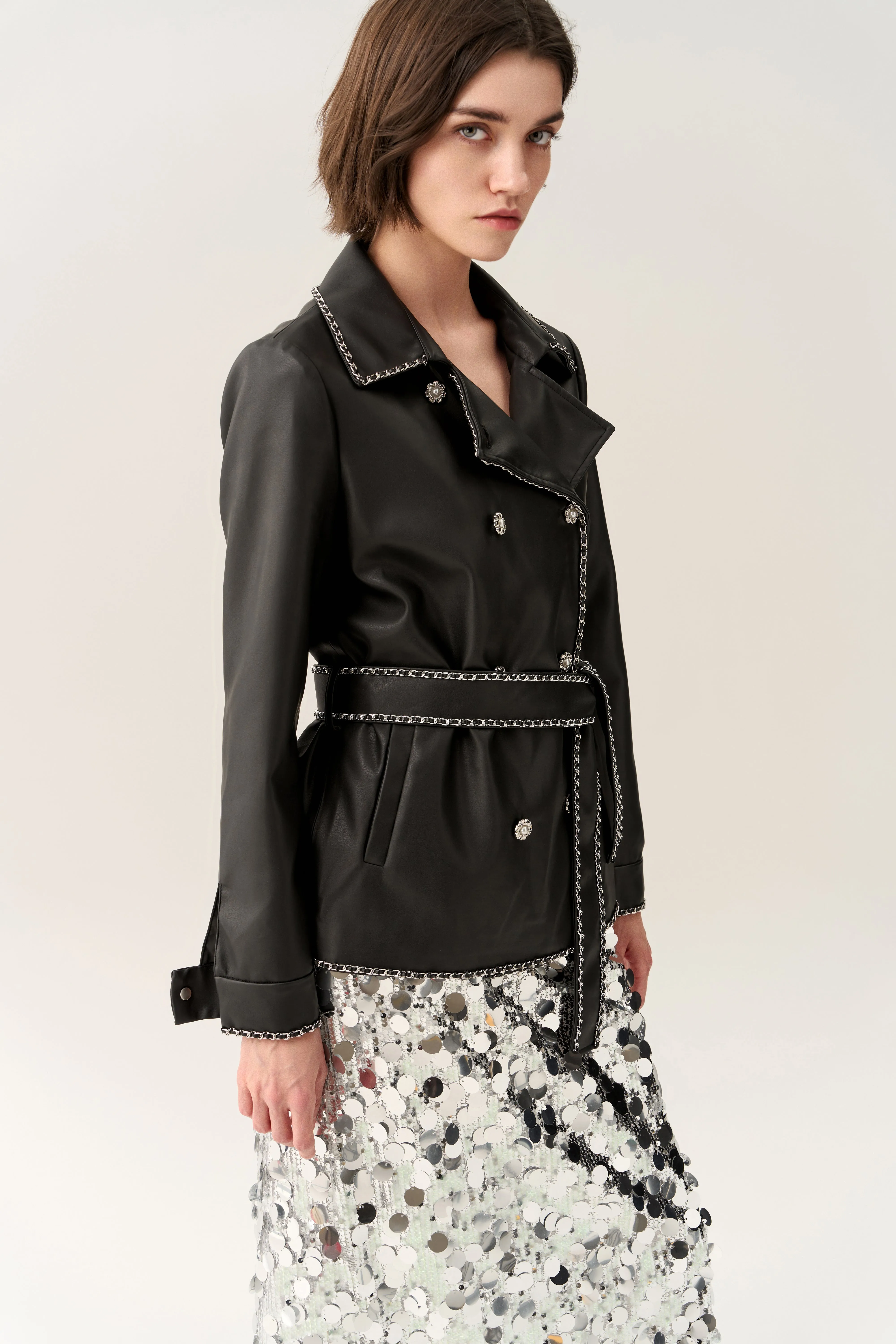 Chain-detail Vegan Leather Tie-waist Jacket