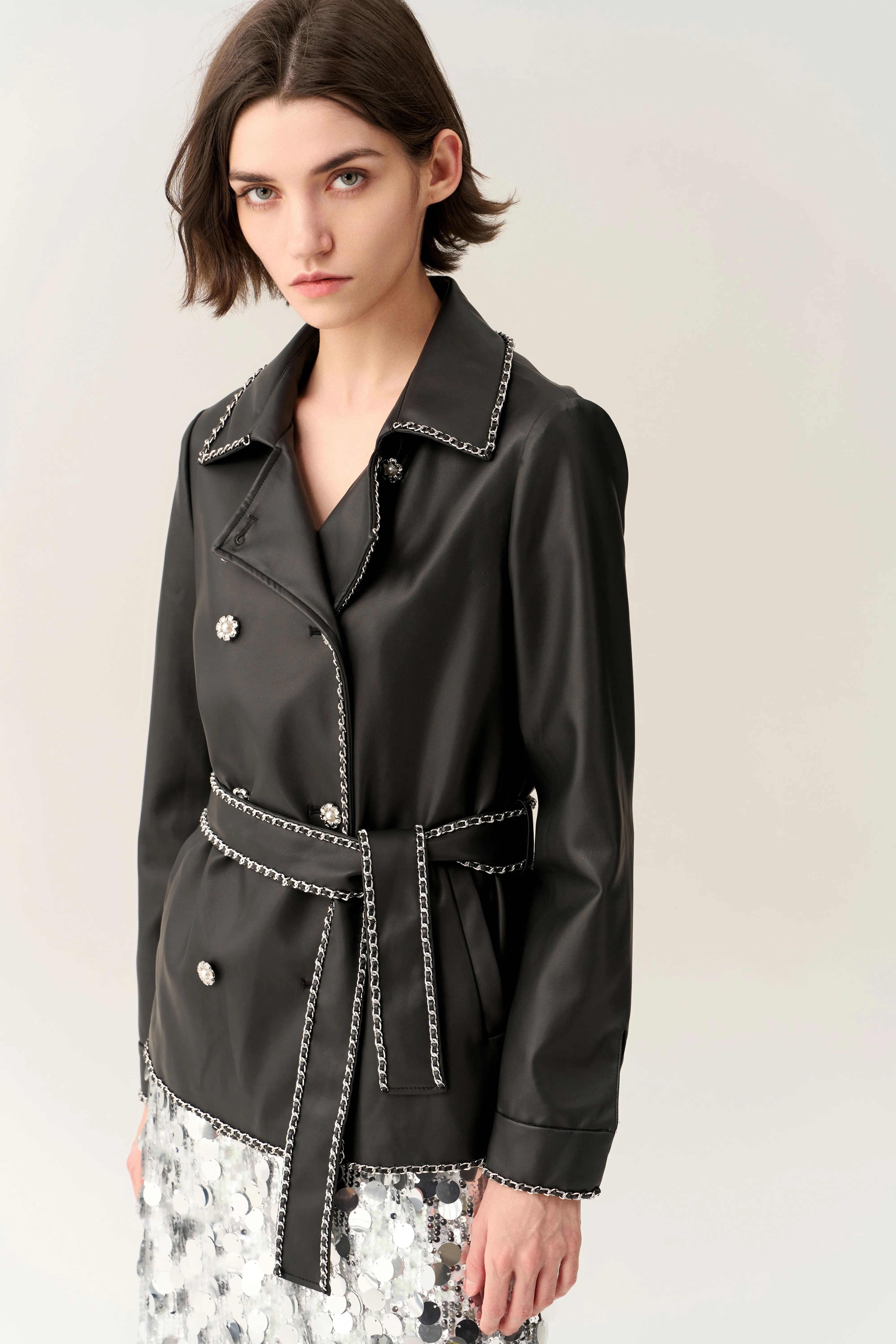 Chain-detail Vegan Leather Tie-waist Jacket