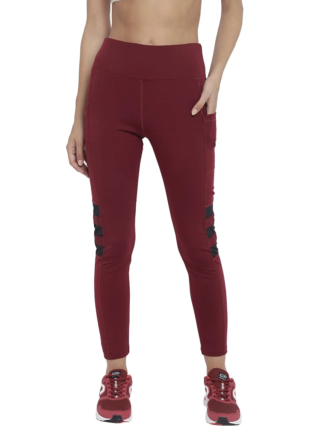 CHKOKKO Women Yoga Track Pants Stretchable Sports Tights Solid Maroon Size M