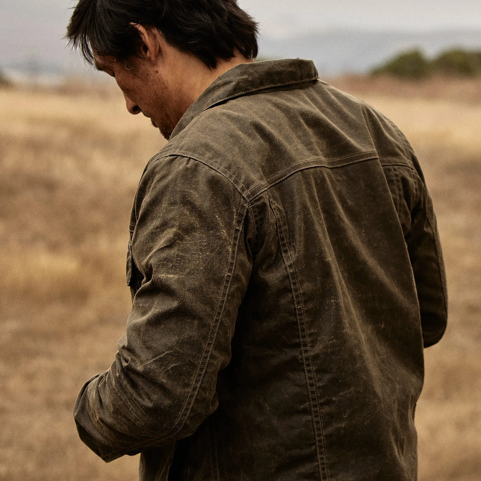 Flannel-Lined Waxed Trucker Jacket in Forest