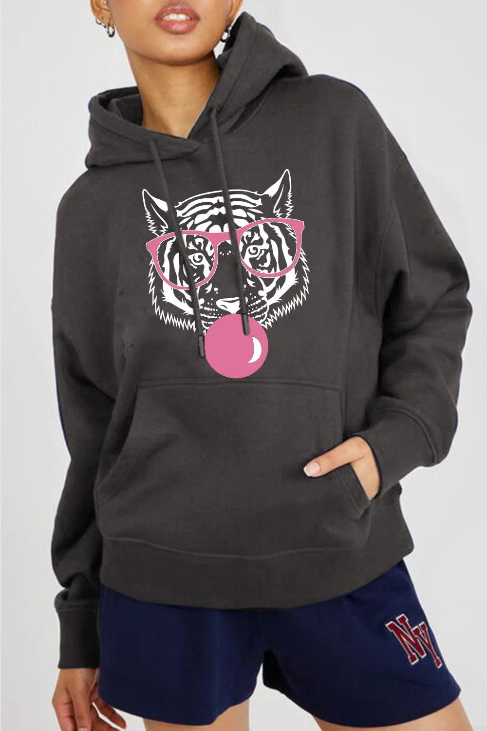 Full Size Dropped Shoulder Tiger Graphic Hoodie