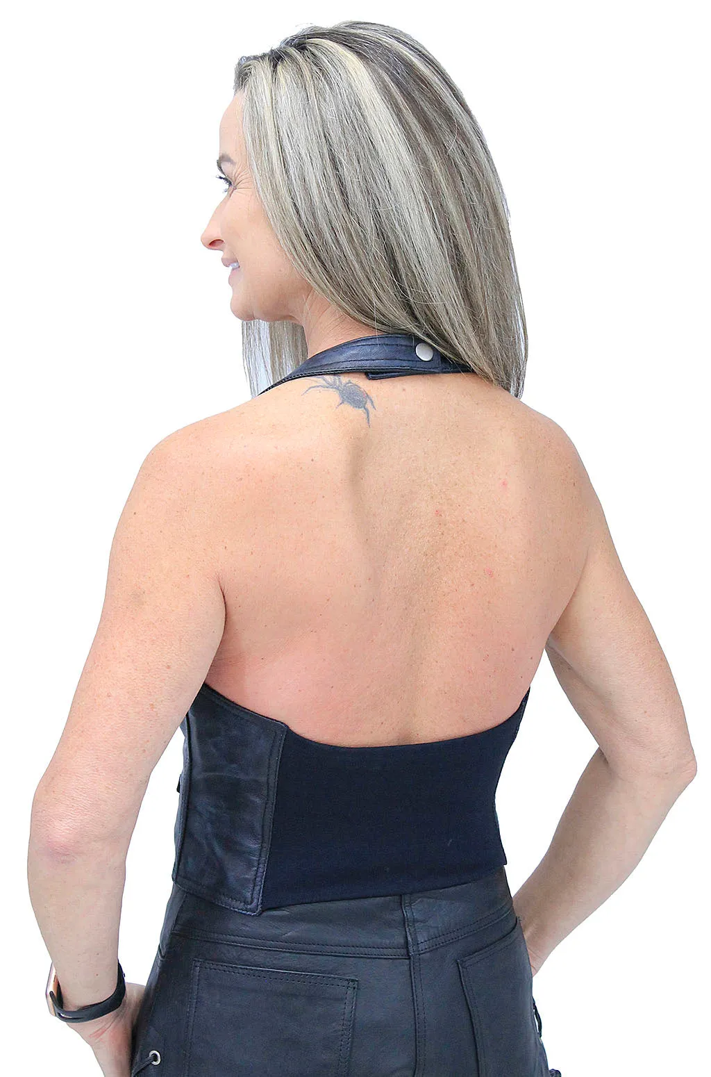 Hand Antiqued Blue Zip Leather Halter Vest #LH0514U