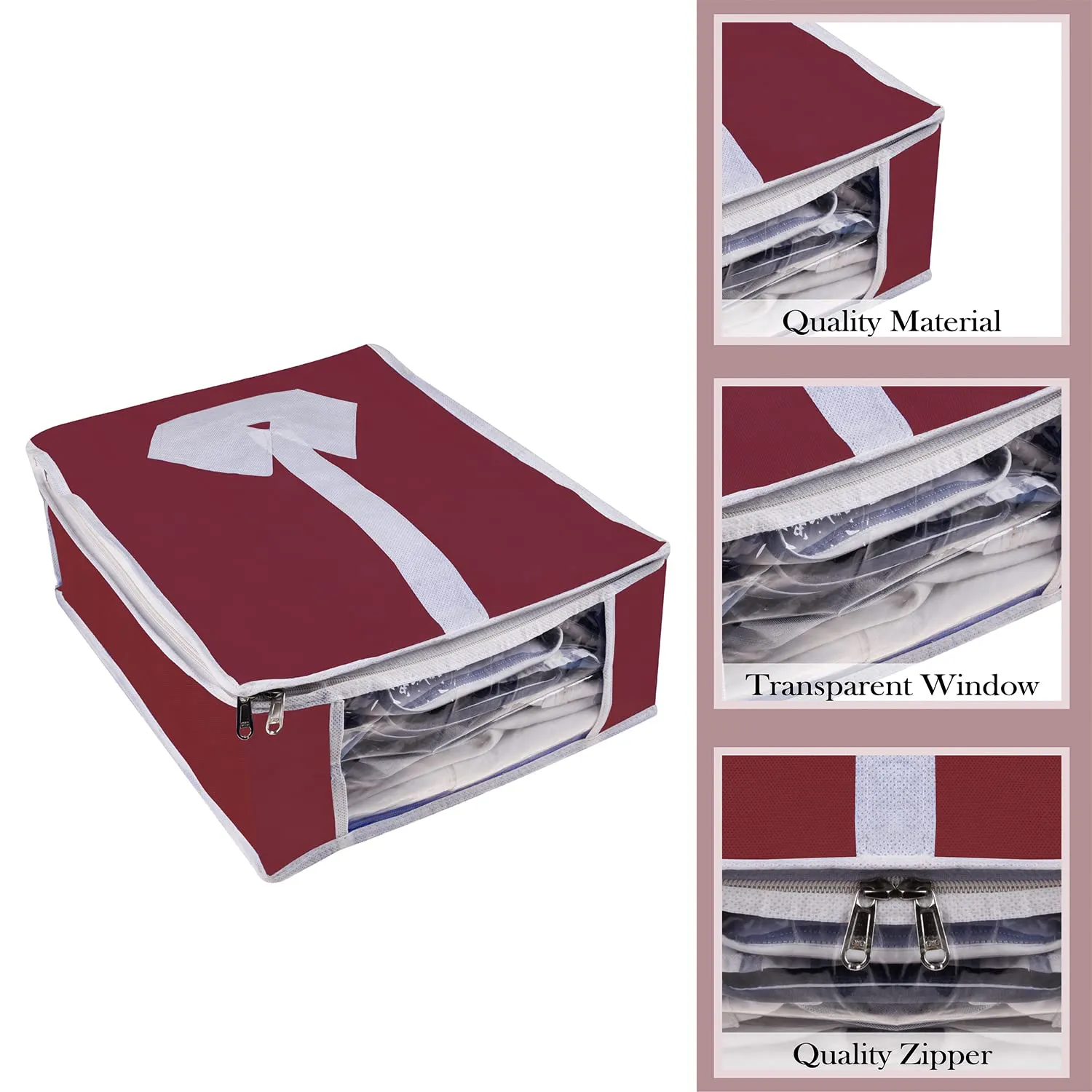 Heart Home Shirt Cover | Foldable & Durable Wardrobe Organizer | Non Woven Shirt Organizer for Home & Traveling with Transparent Window | Pack of 3 | Maroon