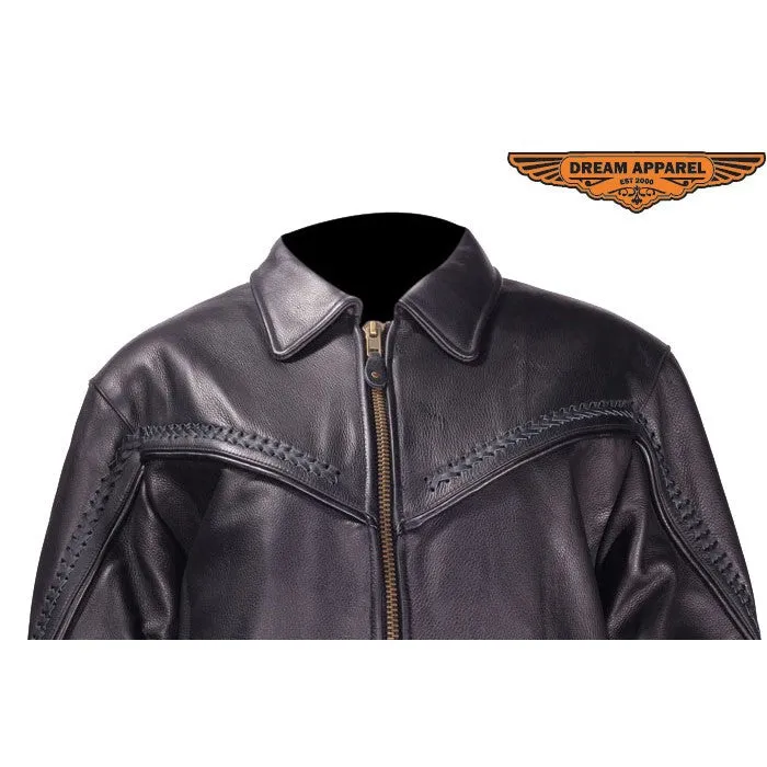 Ladies Butter Soft Cowhide Motorcycle Jacket with Flat Braid Trim