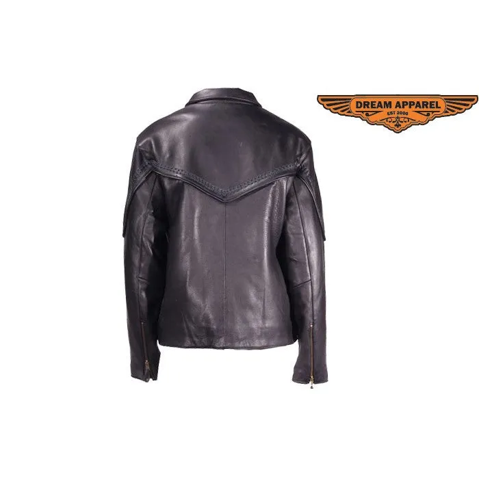 Ladies Butter Soft Cowhide Motorcycle Jacket with Flat Braid Trim