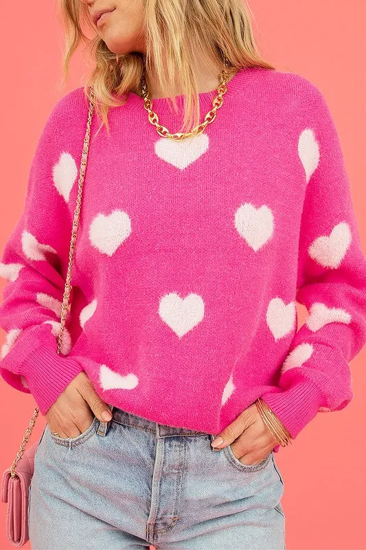 Love Pink Fuzzy Hearts Drop Shoulder Sweater