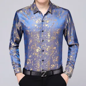 Mens Silk Dress Shirt Spring Male Fashion Floral Soft Satin Clothes Long Sleeved