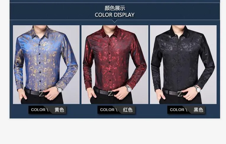 Mens Silk Dress Shirt Spring Male Fashion Floral Soft Satin Clothes Long Sleeved