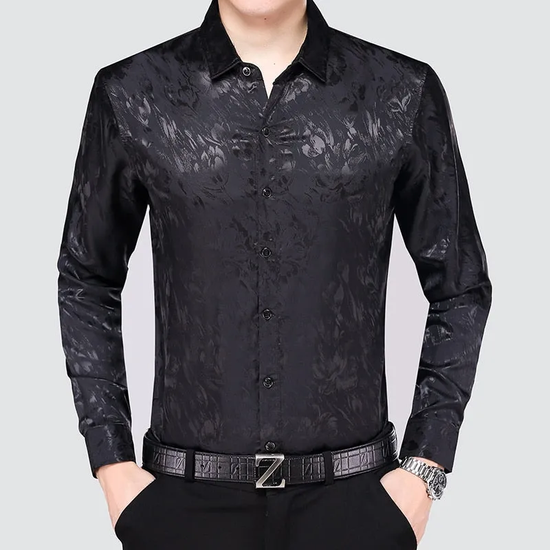 Mens Silk Dress Shirt Spring Male Fashion Floral Soft Satin Clothes Long Sleeved