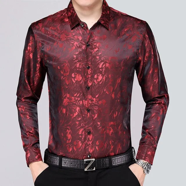 Mens Silk Dress Shirt Spring Male Fashion Floral Soft Satin Clothes Long Sleeved