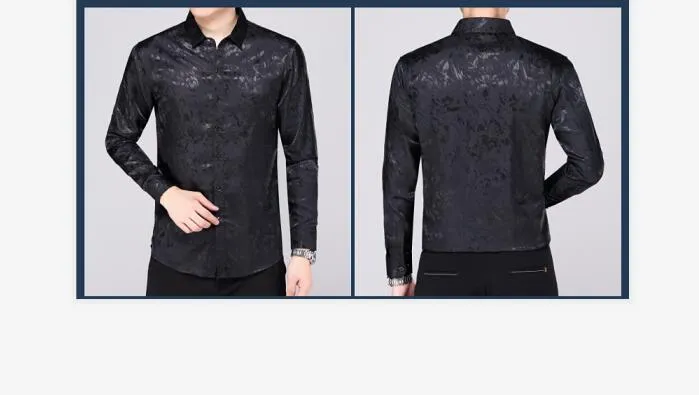 Mens Silk Dress Shirt Spring Male Fashion Floral Soft Satin Clothes Long Sleeved