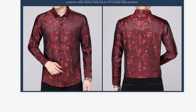 Mens Silk Dress Shirt Spring Male Fashion Floral Soft Satin Clothes Long Sleeved