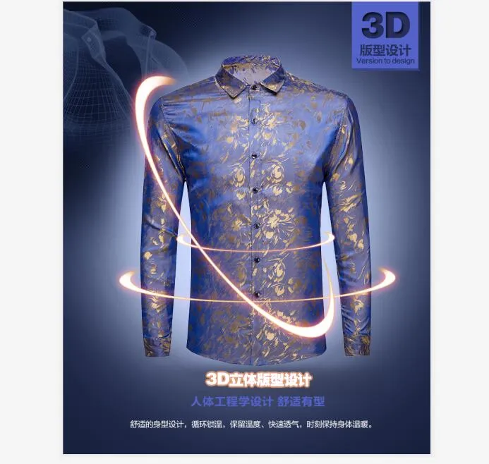 Mens Silk Dress Shirt Spring Male Fashion Floral Soft Satin Clothes Long Sleeved