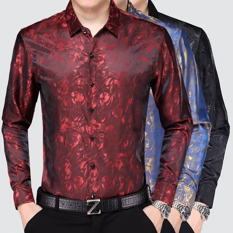 Mens Silk Dress Shirt Spring Male Fashion Floral Soft Satin Clothes Long Sleeved