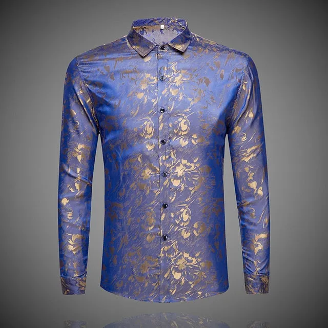 Mens Silk Dress Shirt Spring Male Fashion Floral Soft Satin Clothes Long Sleeved