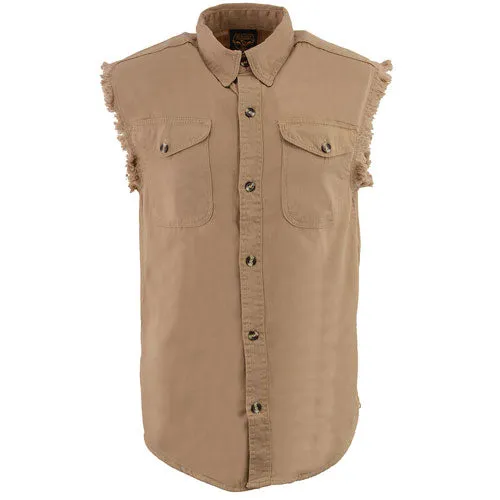 Milwaukee Leather DM4005 Men's Beige Lightweight Denim Shirt with Frayed Cut Off Sleeveless