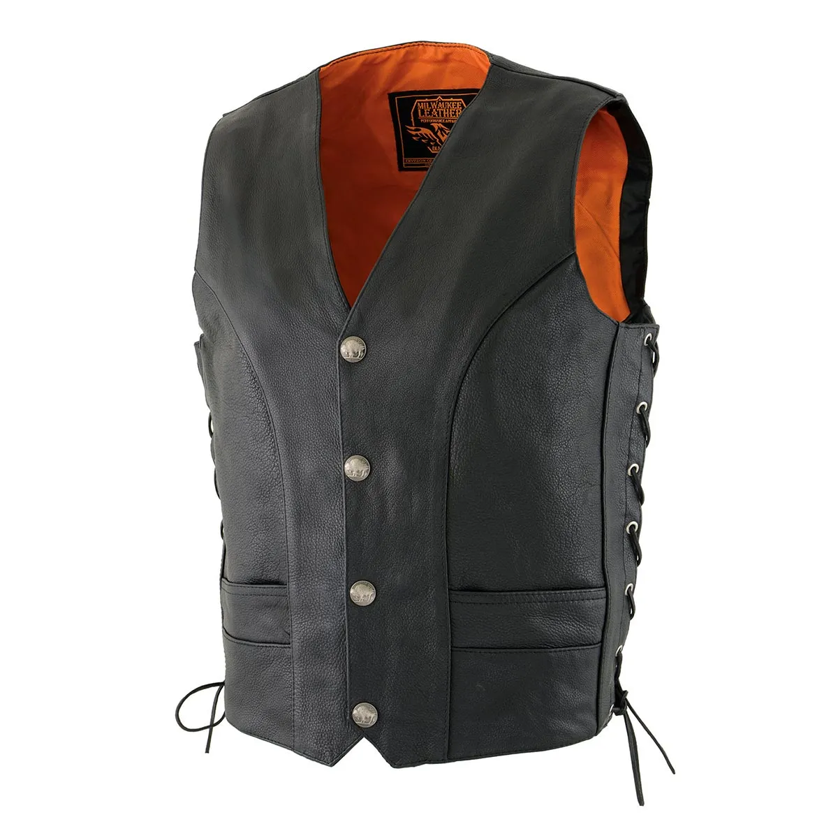 Milwaukee Leather ML1369 Men's Black Premium Leather Side Lace Motorcycle Rider Vest w/ Buffalo Nickel Snaps Closure