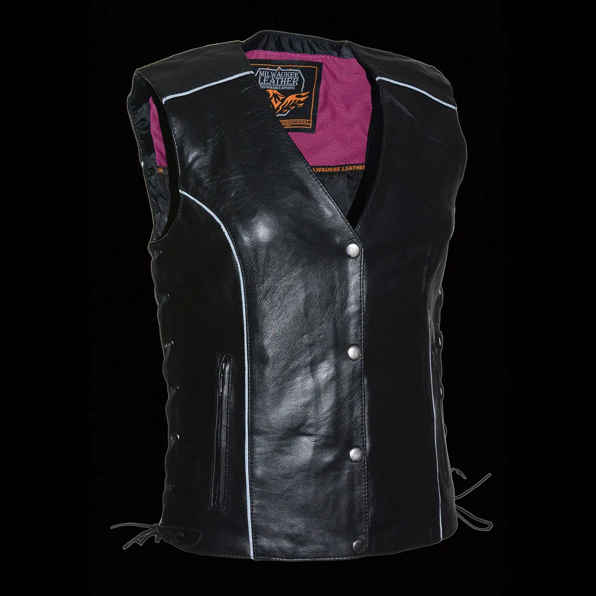 Milwaukee Leather MLL4505 Women's Black Leather Side Lace Motorcycle Rider Vest- Reflective and Studded Pink Wings