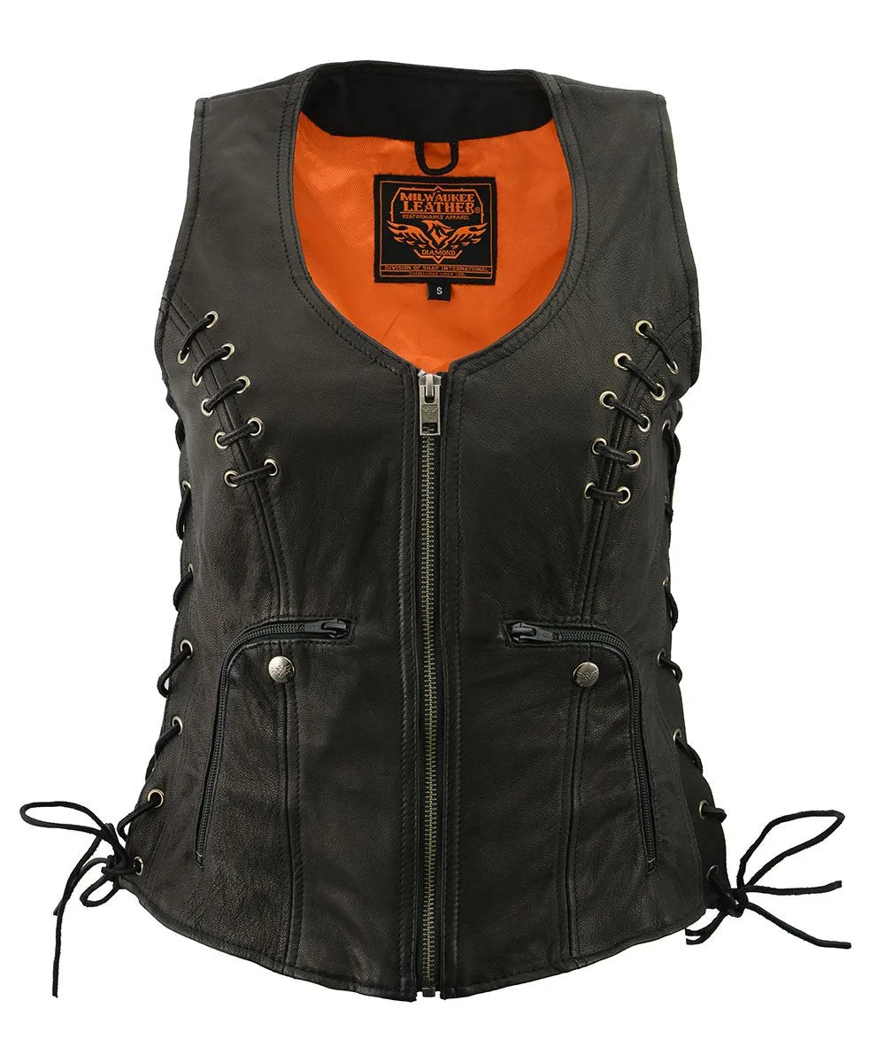 Milwaukee Leather Women's Classic V-Neck Black Leather Motorcycle Rider Vest w/ Adjustable Side Laces MLL4575