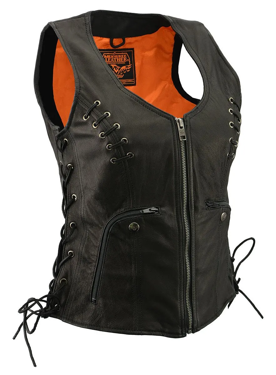 Milwaukee Leather Women's Classic V-Neck Black Leather Motorcycle Rider Vest w/ Adjustable Side Laces MLL4575