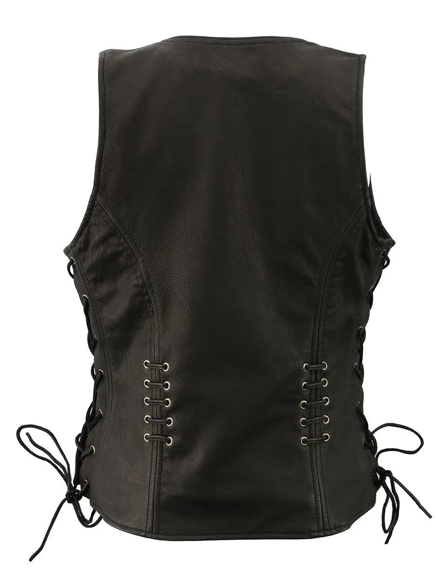 Milwaukee Leather Women's Classic V-Neck Black Leather Motorcycle Rider Vest w/ Adjustable Side Laces MLL4575