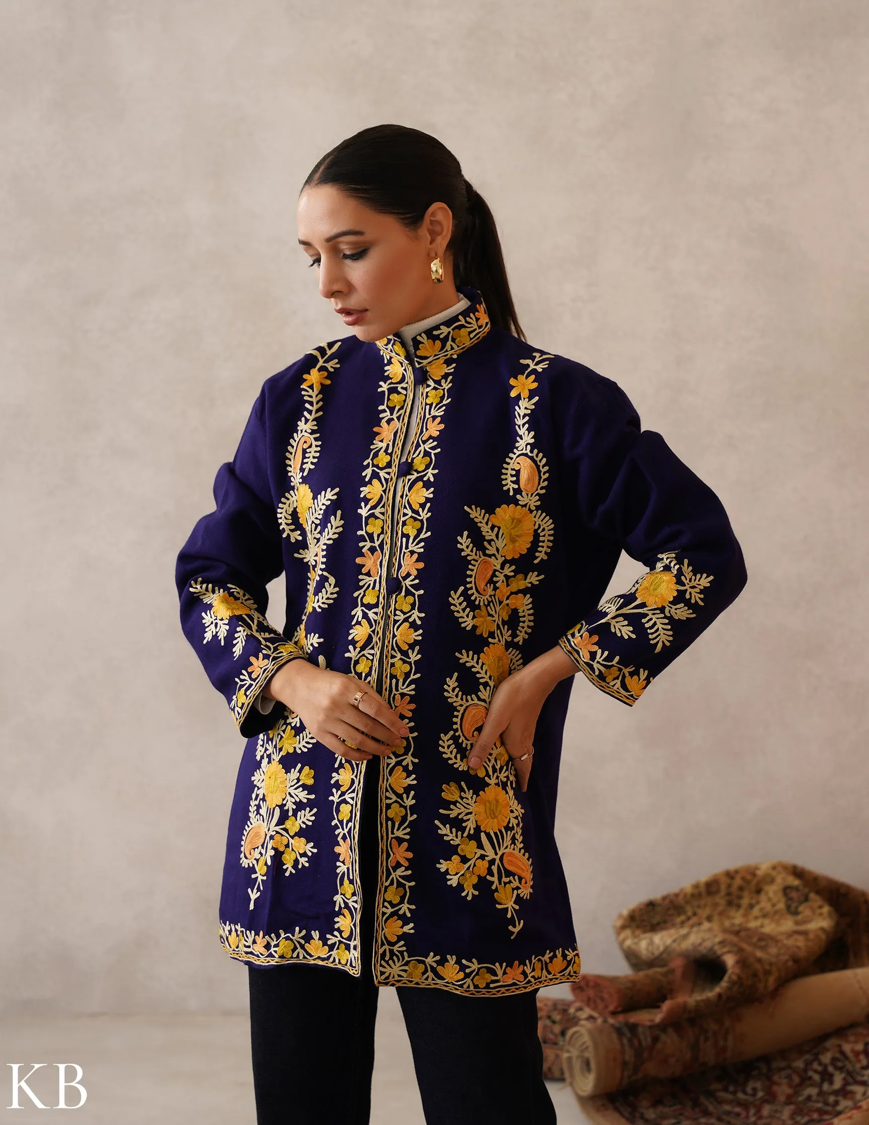 Nayaab Dark Royal Blue Kashmiri Aari Cashmilon Jacket