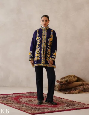 Nayaab Dark Royal Blue Kashmiri Aari Cashmilon Jacket