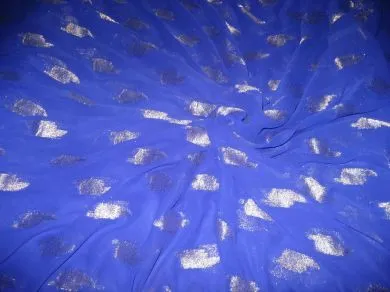 Polyester georgette fabric with metalic silver &amp; gold jacquard~Royal Blue colour