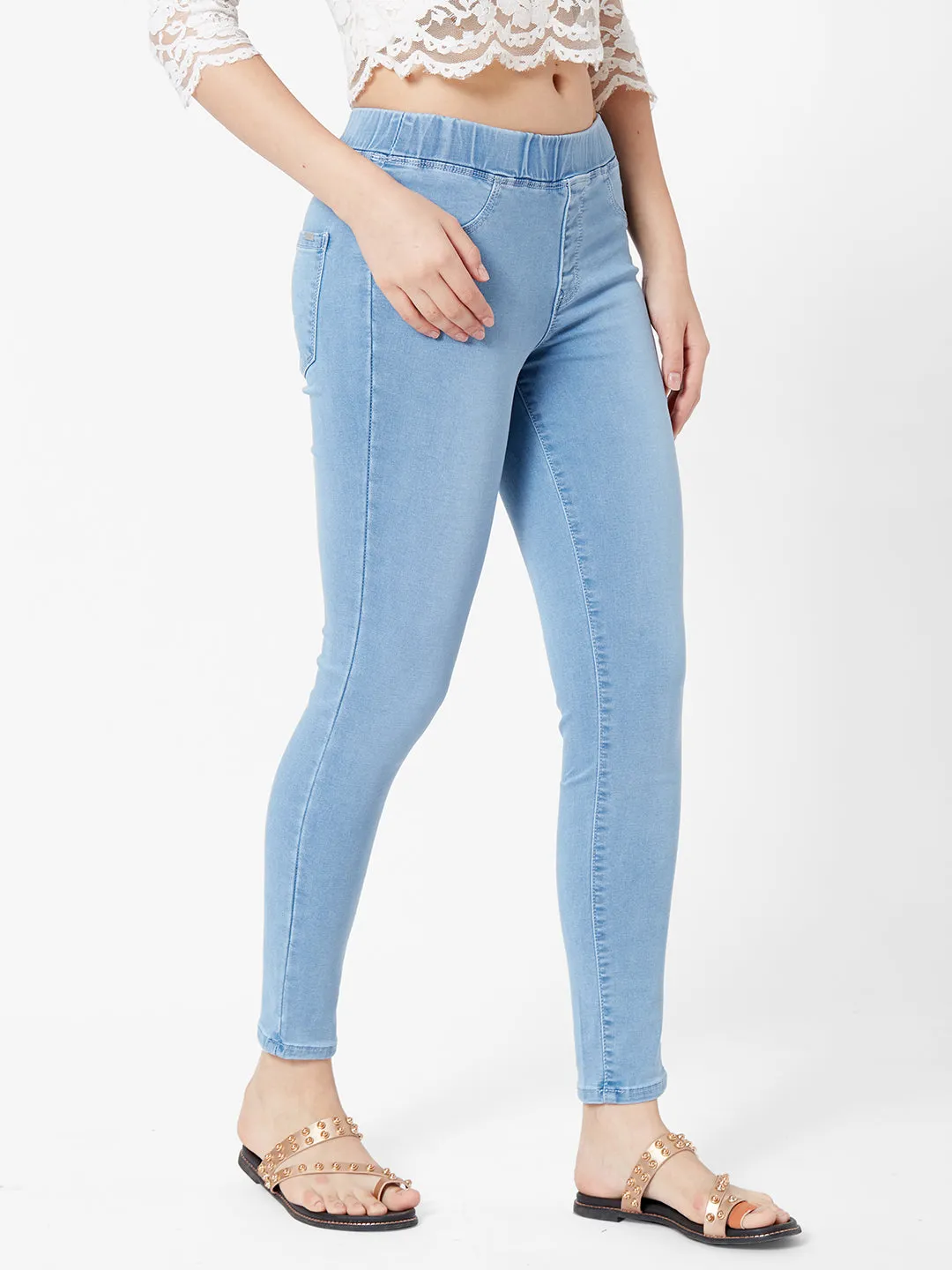 Women Light Blue Mid-Rise Denim Legging