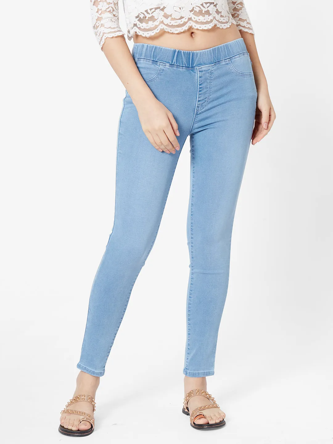 Women Light Blue Mid-Rise Denim Legging