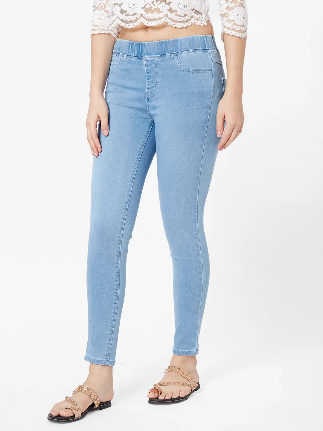 Women Light Blue Mid-Rise Denim Legging