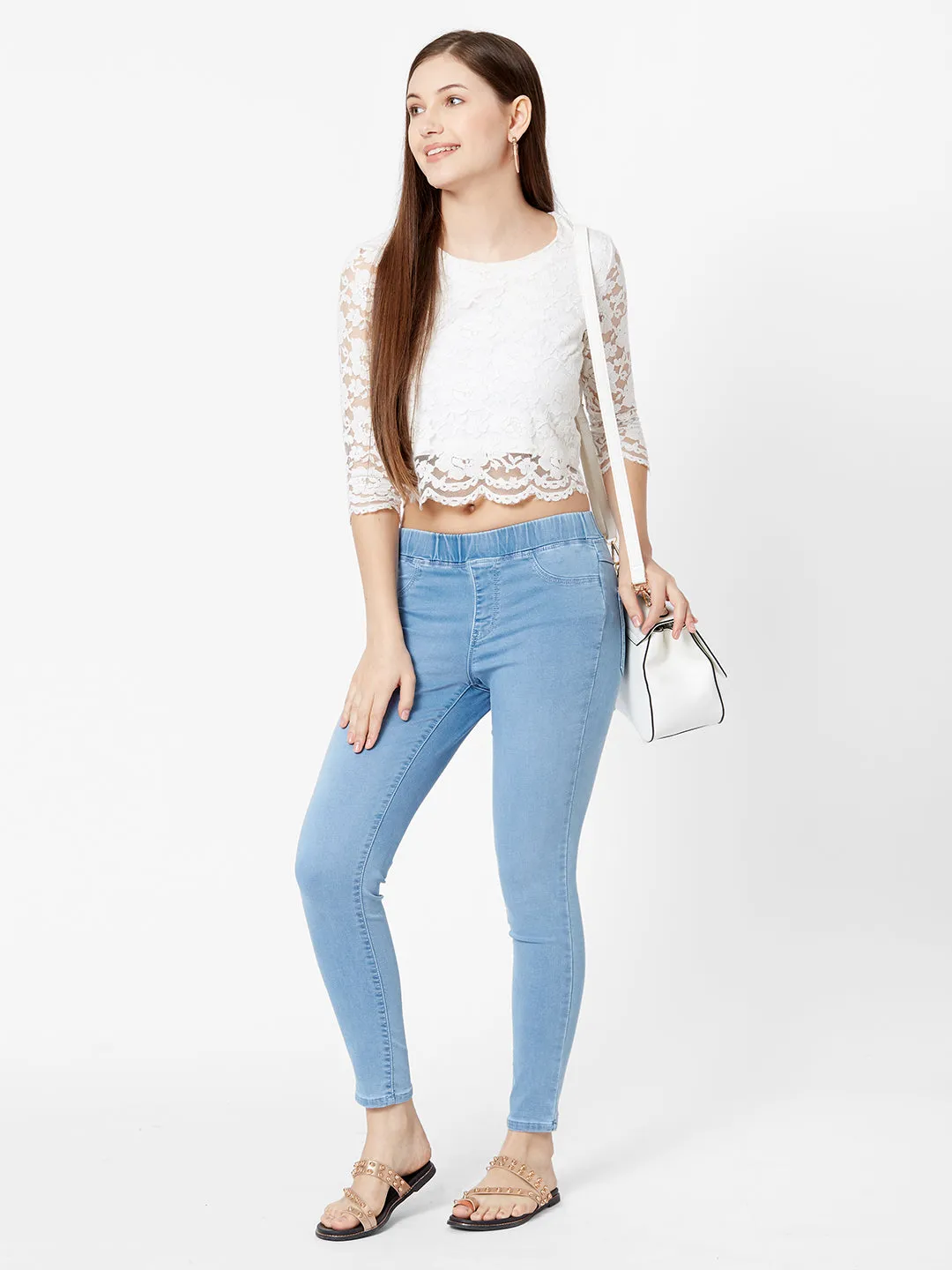 Women Light Blue Mid-Rise Denim Legging