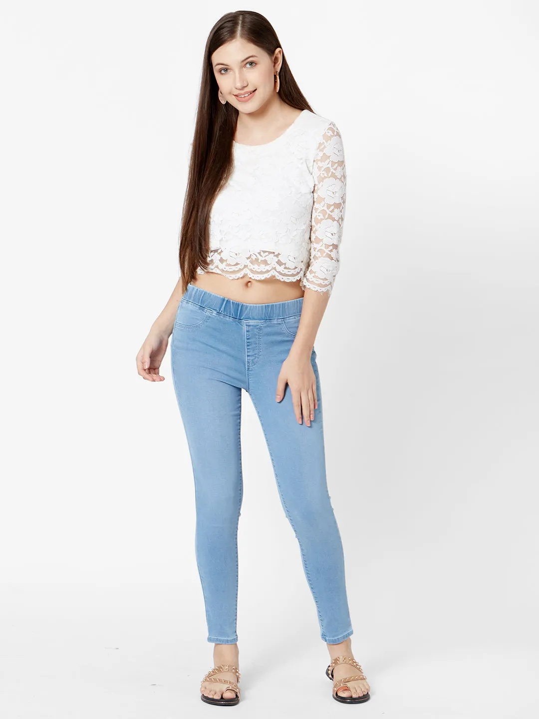 Women Light Blue Mid-Rise Denim Legging