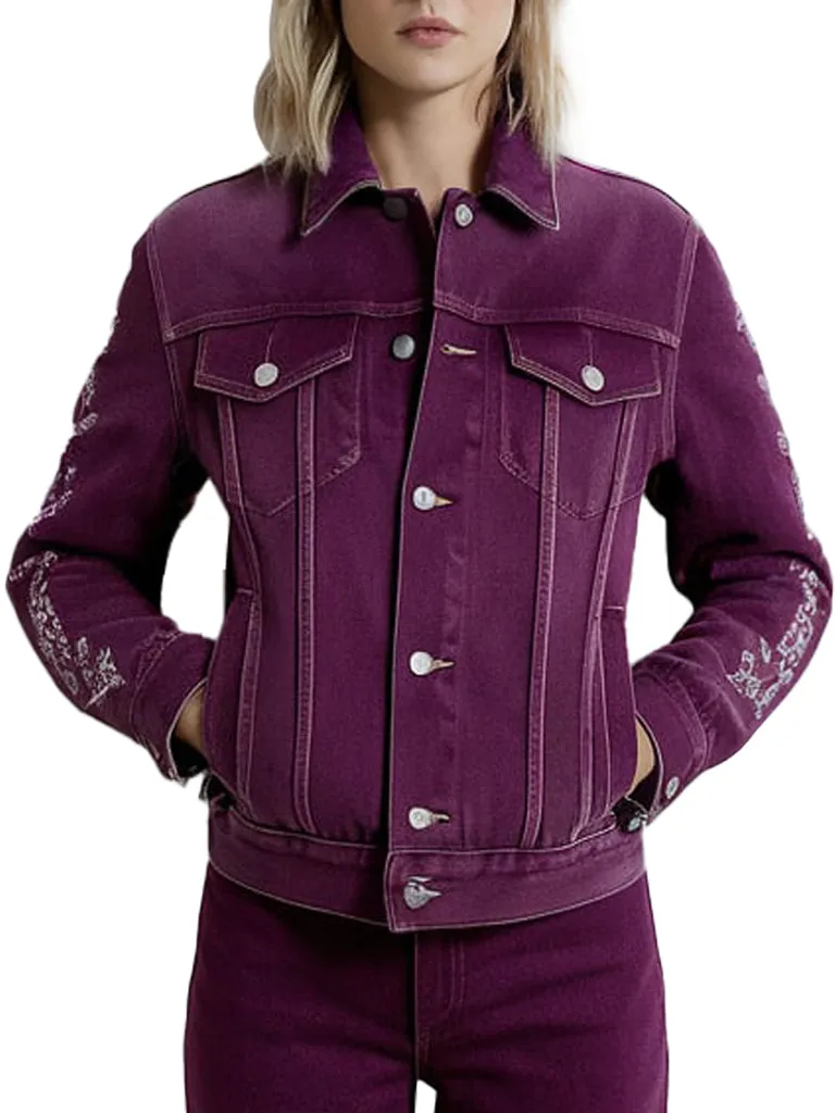 Women's Artistic Design Purple Denim Jacket With White Embroidery