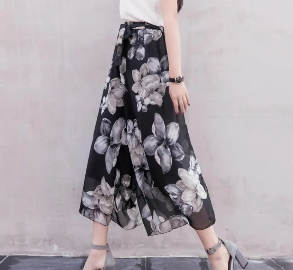 Womens Floral Wide Leg Chiffon Pants