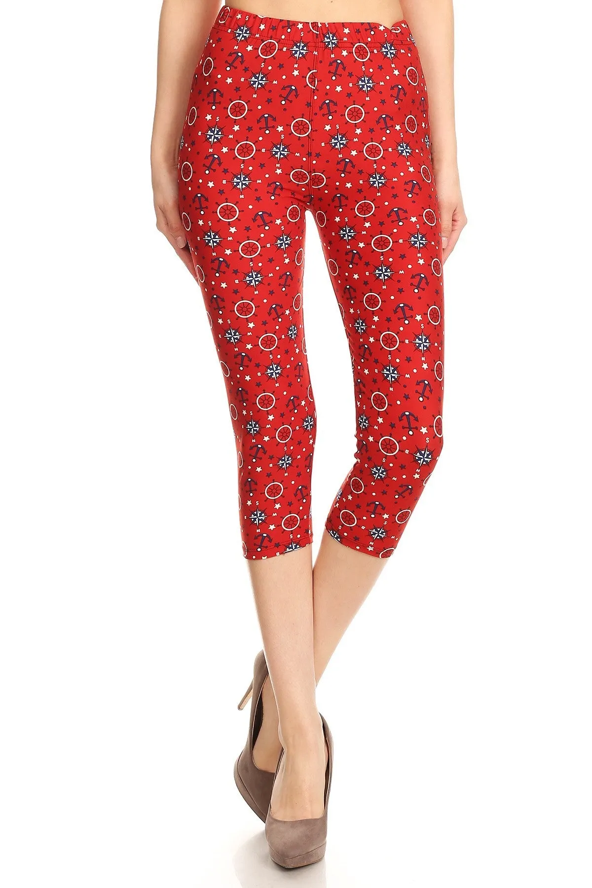 Women's Plus colorful Anchor Compass Printed Cropped Capri Leggings