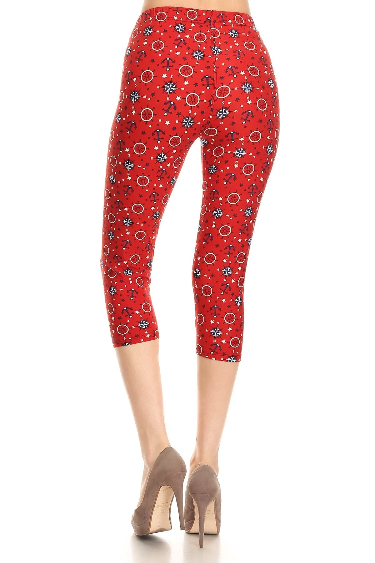 Women's Plus colorful Anchor Compass Printed Cropped Capri Leggings