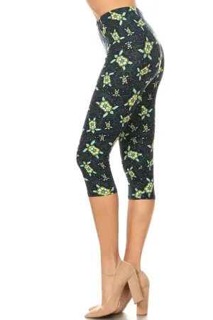 Women's Plus Colorful Sea Turtle Starfish Printed Cropped Capri Leggings - One Size / Blue