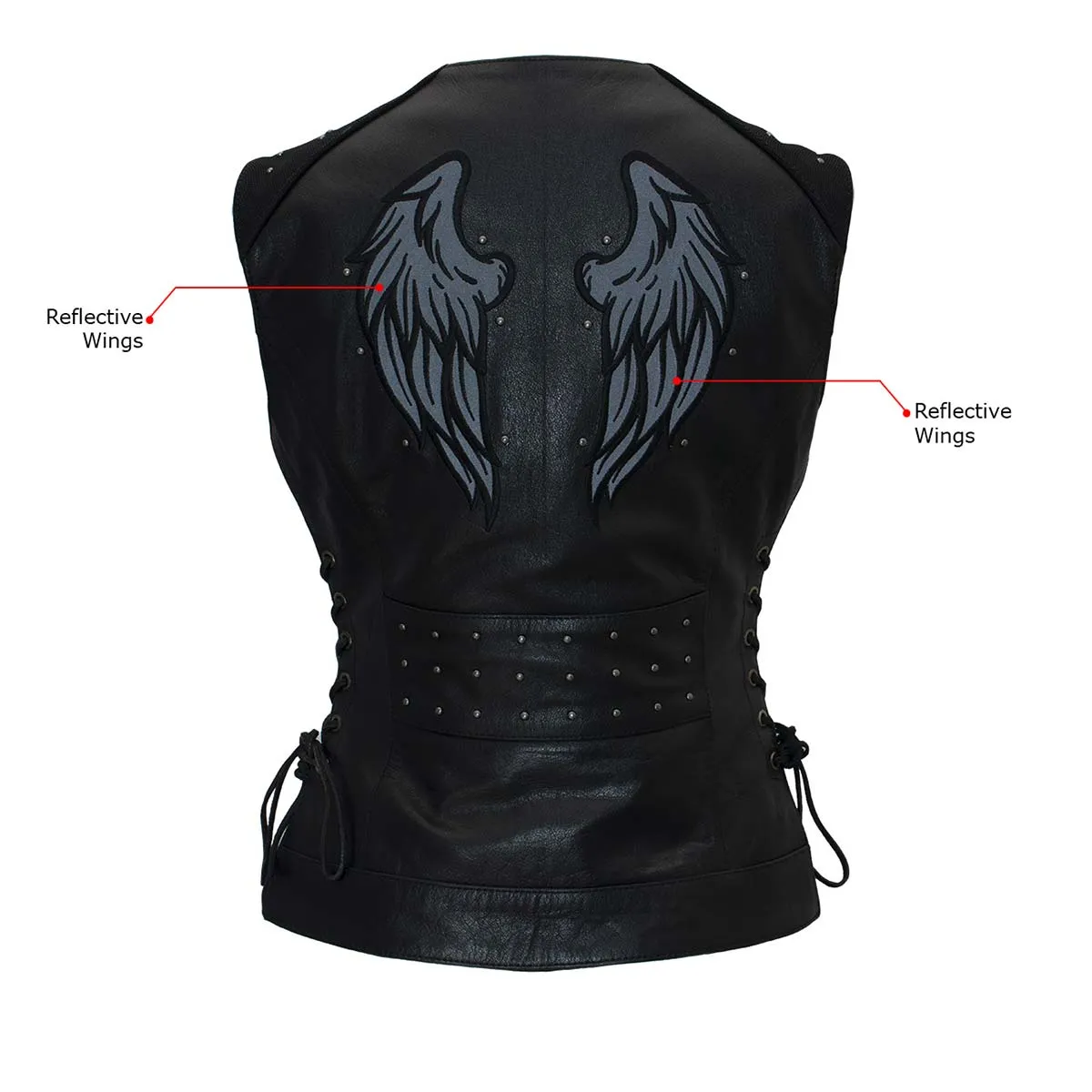 Xelement XS24001 Women's ‘Winged’ Black Studded Motorcycle Rider Leather Vest with Reflective Wings